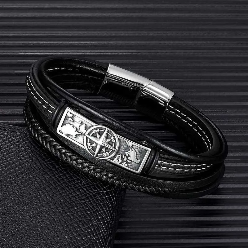 Bracelets de charme Mkendn Viking Style Compass Norse Runes Amulet Men Multilleuse Le cuir en cuir Bracelet en acier inoxydable Bijoux Norse Mythologie Y240510