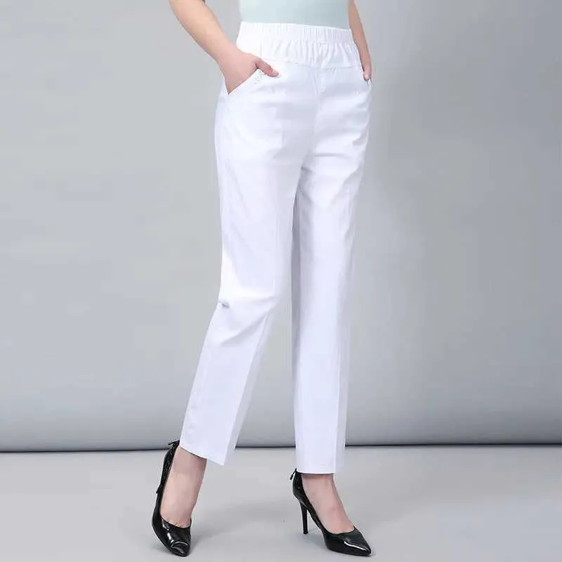 Pantaloni da donna Capris Capris a mezza età e anziani pantaloni bianchi primaverili pantaloni elastici pantaloni dritti madri lunghezza caviglia Trousersl2405