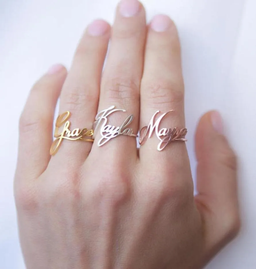 Dainty Name Pierścienie dla kobiet spersonalizowana niestandardowa biżuteria ze stali nierdzewnej niestandardowe kursywą Pierścień Ręką Ręcznie robione prezenty Anillo3700261