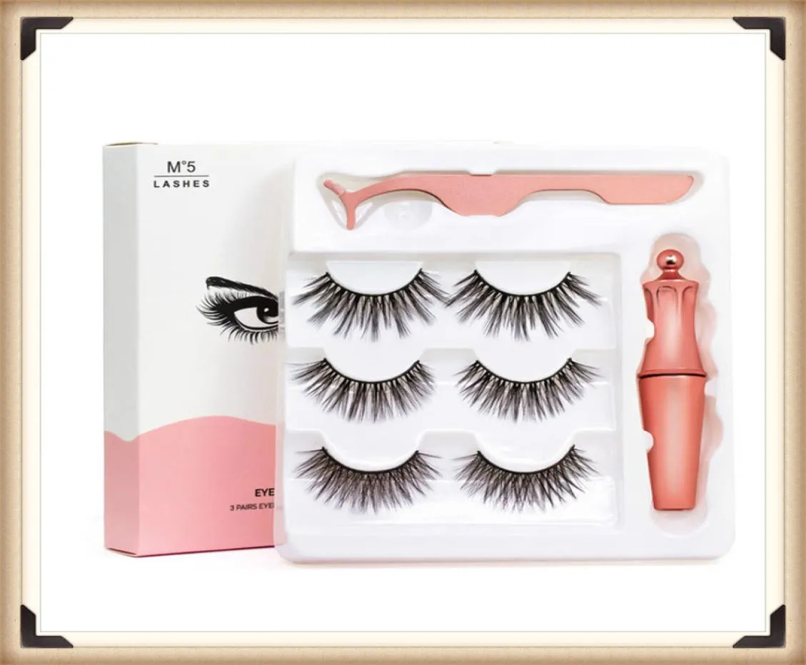 2020 New Magnetic Eyelashes with Eyeliner and Tweezer 3 Pairs 5 Magnetic False Eyelashes Liquid Eyeliner Makeup Set Reusable eyela1708142