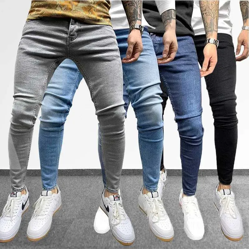 Mäns jeans grå fast färg Mens elastiska midja snäva jeans 2021 tårfria byxor Q240509
