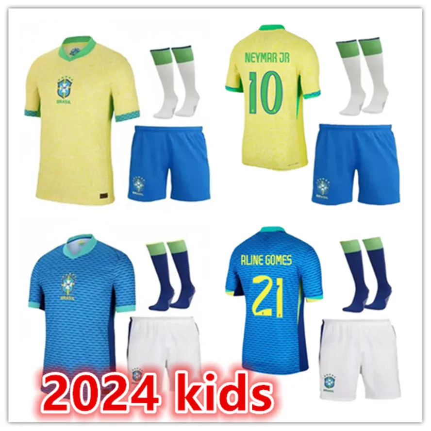 2024 Kinder Fußball Kits Brazils Fußballtrikots L.Paqueta Neymar Vini Jr.P.Coutinho Richarlison G.Jesus T.Silva Bruno G. Pele Casemiro National Football Jersey Kit