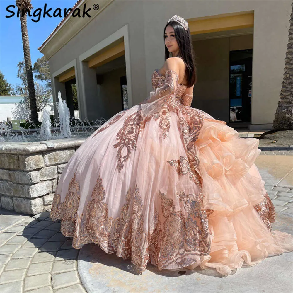 Rose Gold Sequins Appliques Quinceanera Dress with Bell Gloves Glitter Pink Princess Sweet 15 Prom Party Ball Gown