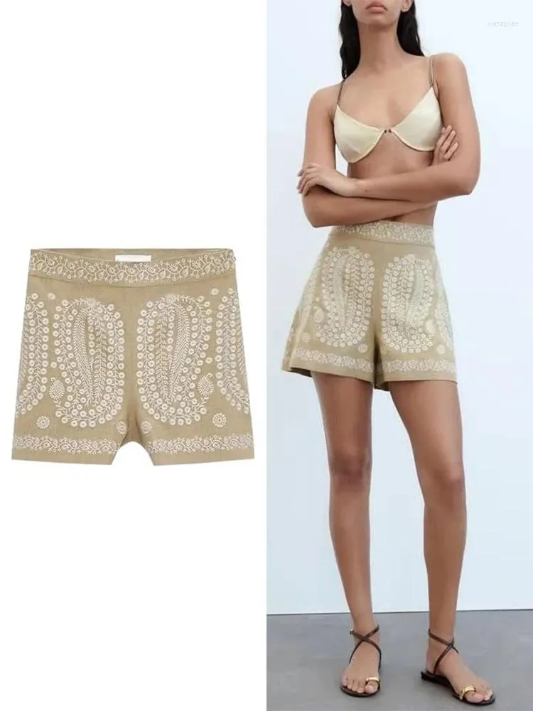 Kvinnors shorts trafza broderad hög midja modern tjej mode bohemian casual sido zip a-line smal