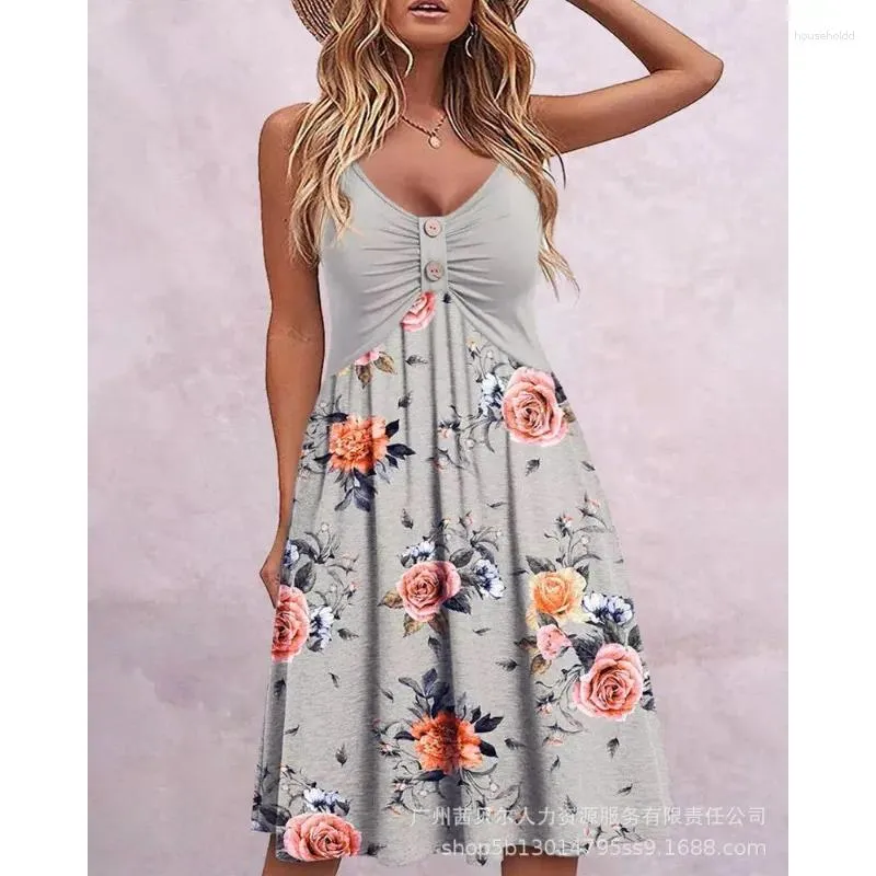 Casual klänningar wepbel sommar camis klänning kvinnor blommor tryck knapp kors rufsa mini spaghetti rem ruched v-hals sexig