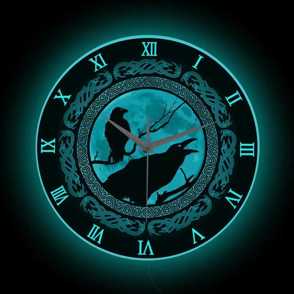Zegary ścienne ODINS Crow Glow Printed Clock Dekoracja domu Norweska mitologia Hugin i Munin ODIN BOG NEON LIGHT Q240509