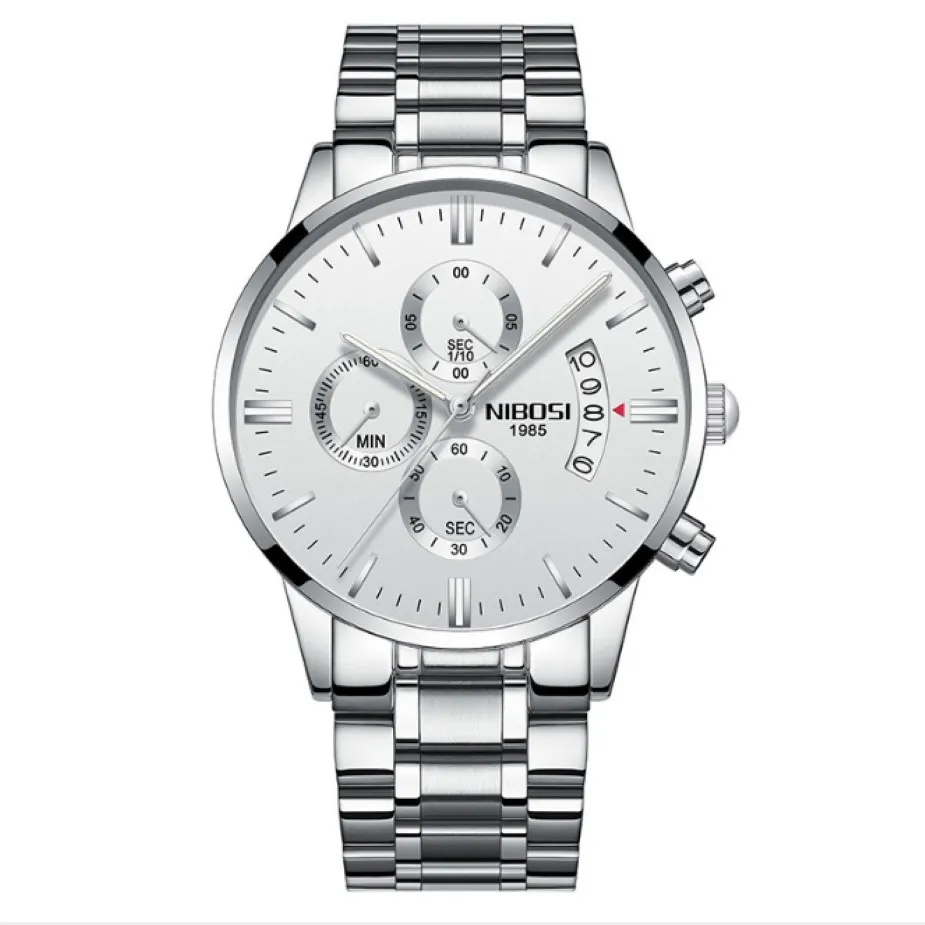 nibosi العلامة التجارية Quartz Chronograph Foldingwatch Mens الساعات الفولاذ المقاوم للصدأ ، ساعة مضيئة تاريخ LIFTWATCHES WATERPRAINGES 306P