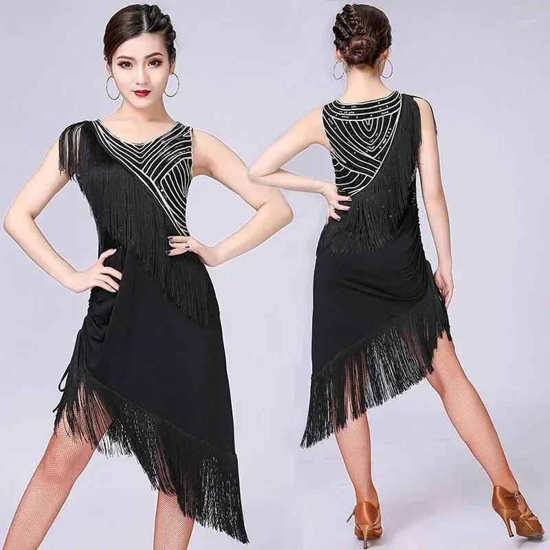 Abbigliamento set di disfrazi Latino para mujer traje de salsa ropa tango vestidos baile con borla negra