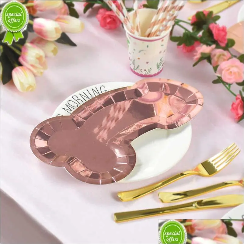 Autres fournitures d'événement Fournitures Nouvelles 8pcs Rose Gold Pinis Paper Paper Bachelorette Party Supplies Bride to Hen Night Decoration Food TR DHHYP