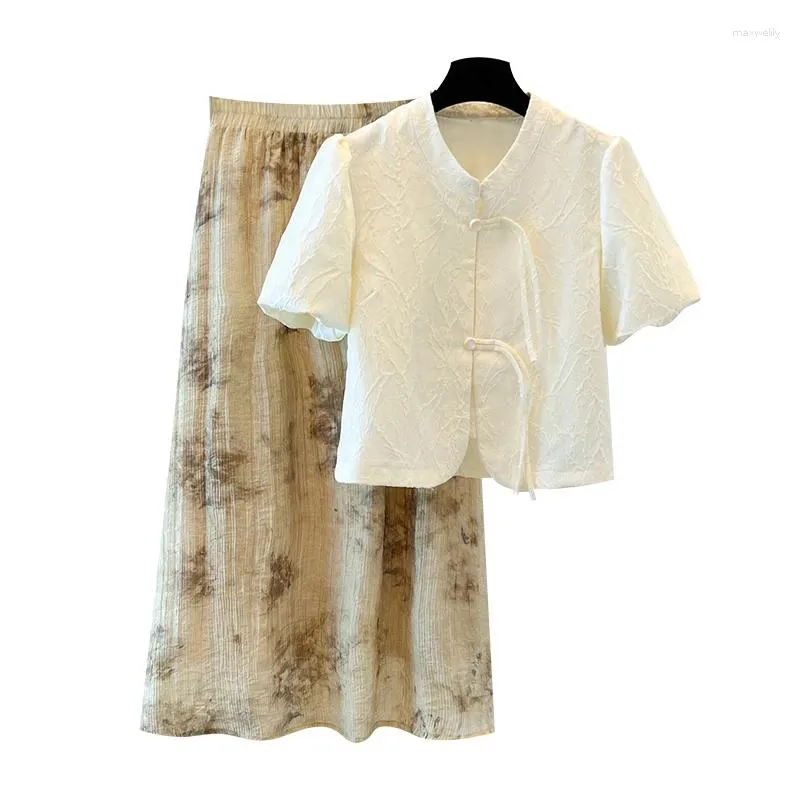 Robes de travail Souet en deux pièces pour femmes Tops de chemisier à poitrine mono-poitrine et jupe imprimée Femelle grande taille 4xl Polyester Matching