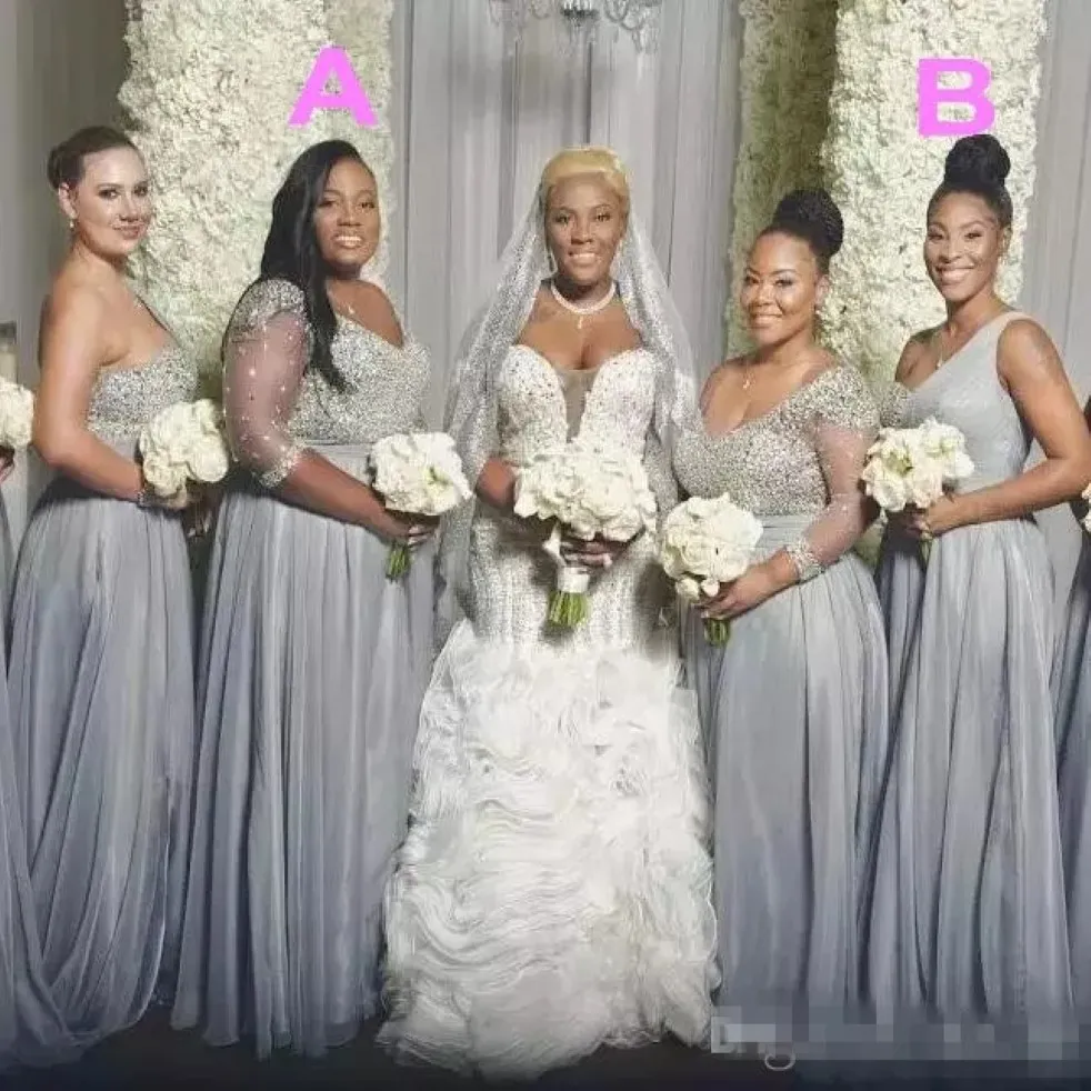 African Plus Size Bridesmaid Dresses Long Sleeves One Shoulder maid Of Honor Dress Beaded Sequins Two Styles Wedding Party Dress 247O