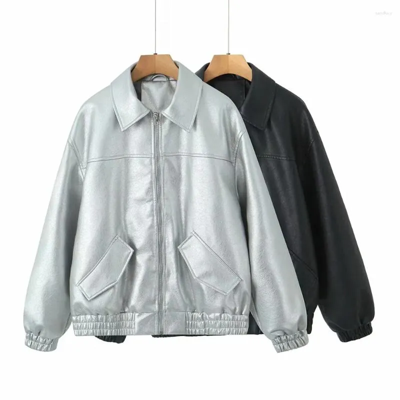 Women's Jackets 2024ZAR Spring/Summer Wear American Retro Luxury Silver PU Leather Coat Loose Motorcycle Jacket Top