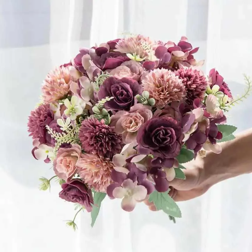 Fleurs décoratives couronnes 30 cm Roses de soie de mariage Vase bouquet de mariage pour décoration de chambre à la maison Garland Scrapbooking Hortensia rose Fleurs artificielles