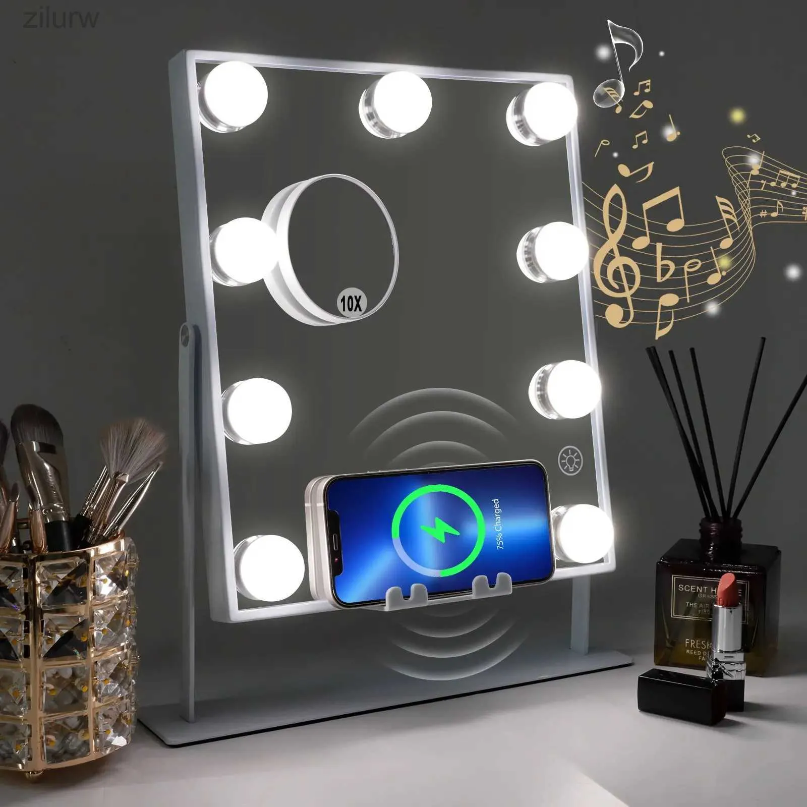 Compact Mirrors Luminous vanity mirror with Bluetooth and wireless charging makeup light 9 dimmable light bulbs 3 colorful illuminated desktop (Why) d240510