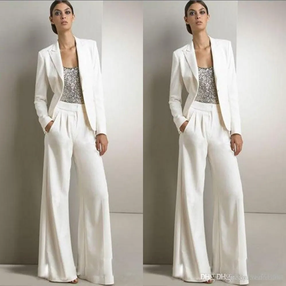 2021新しいキラキラスパンコールアイボリーホワイトパンツスーツマザーオブザブライドドレス