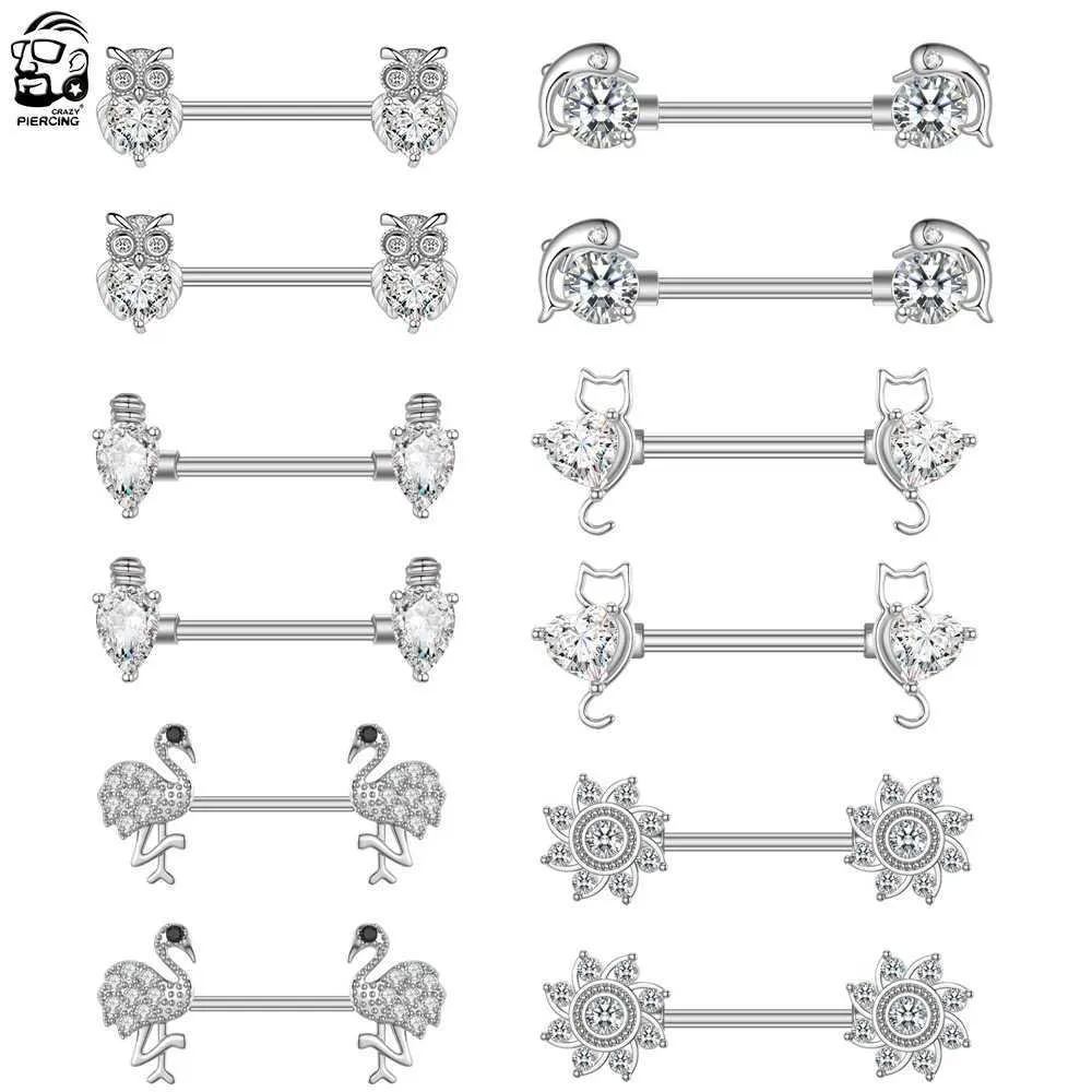 Nipple Rings 1Pair Heart Cat Crystal CZs Nipple Piercings Barbell 14G Stainless Steel Dolphin Owl Nipple Rings for Women Shield Bar Jewelry Y240510