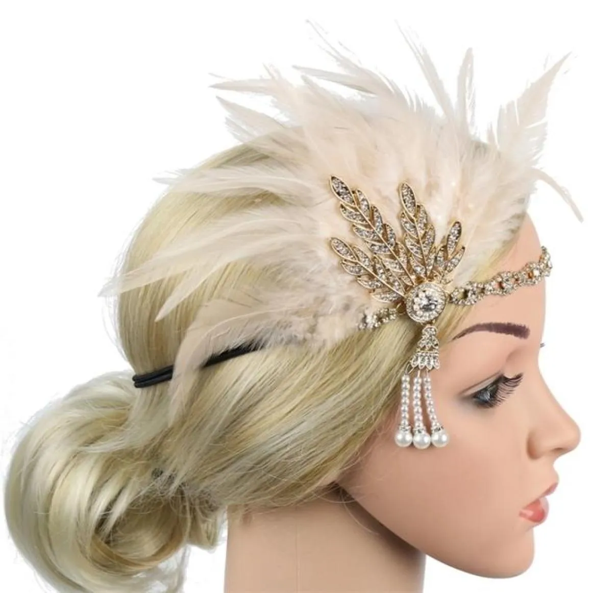 1920s Flapper Hoofdband Feather hoofdtaal Roaring 20S Great Gatsby geïnspireerde blad Medaillon Pearl Women Haaraccessoires 220224846523449315