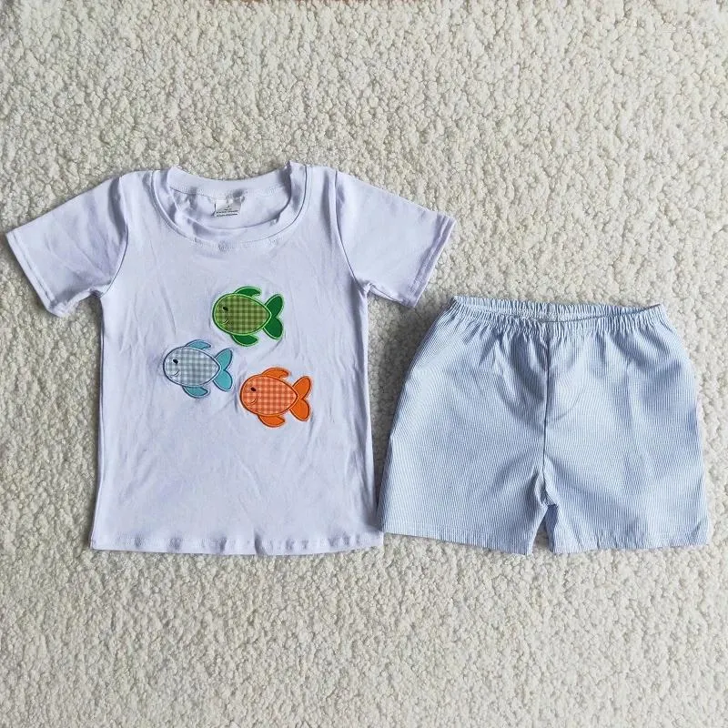 Clothing Sets Summer Fashion Baby Boys Little Fish Blue Checkered Pants Short Sleeve Set Wholesale Boutique Children Clothes