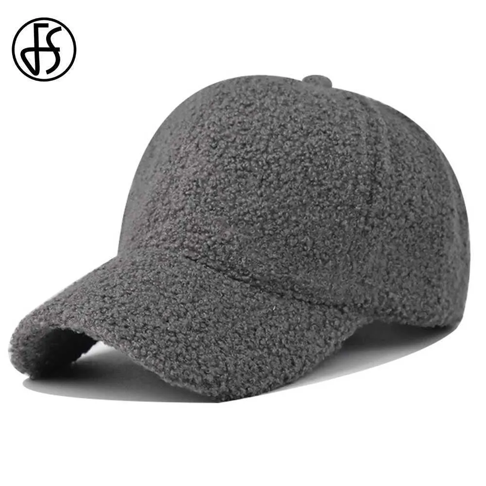 Ballkappen FS 2023 Neu warme lambswool Winterhüte für Frauen einfach grau braun dicke Baseball -Kappe Outdoor Windproof Männer Caps Casquette Homme Y240507