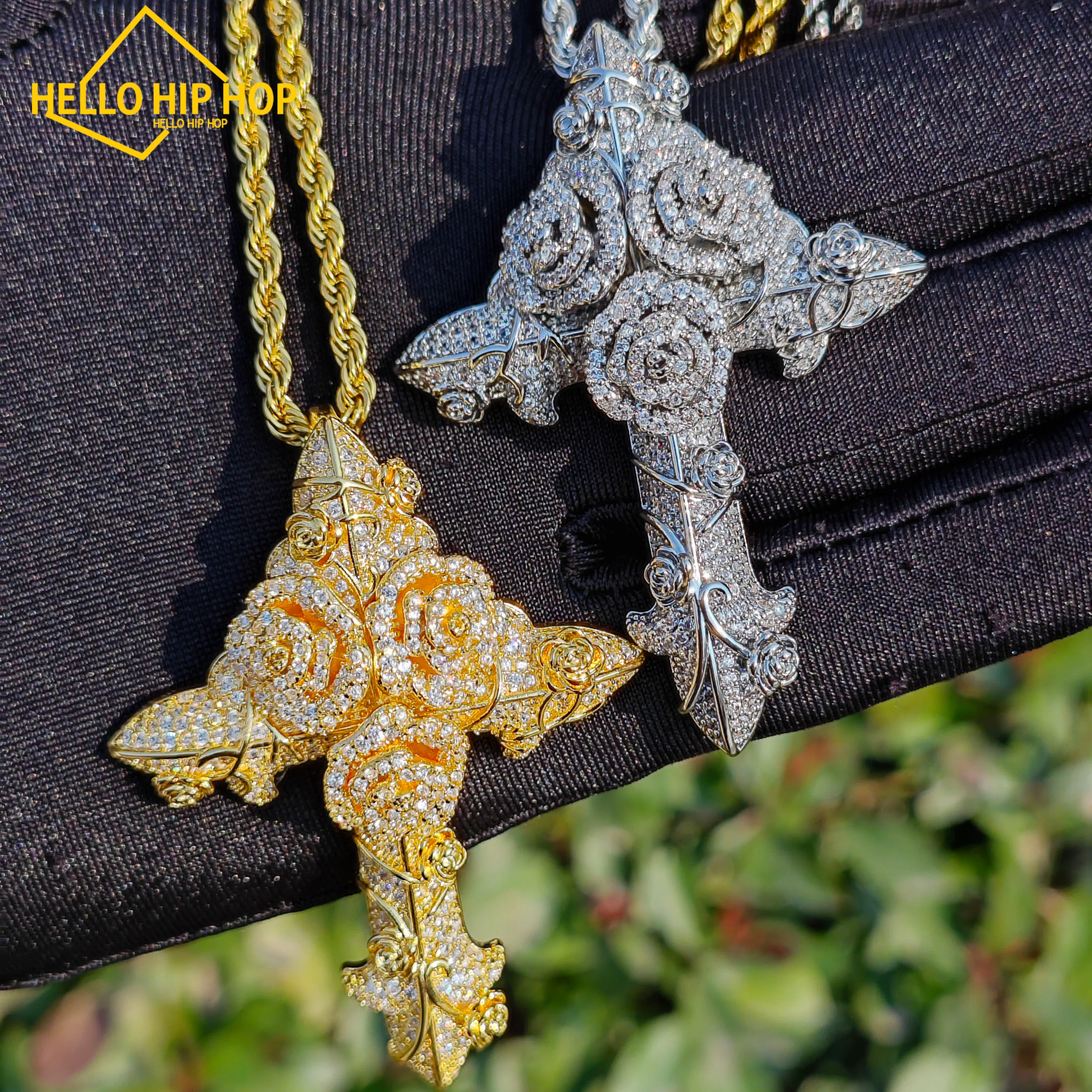 Hellohiphop Rose Flower Jesus Cross Hip Hop Pendant Pendant Men Collier Chaîne pour femmes Bijoux Rock Rock de Zircone cubique