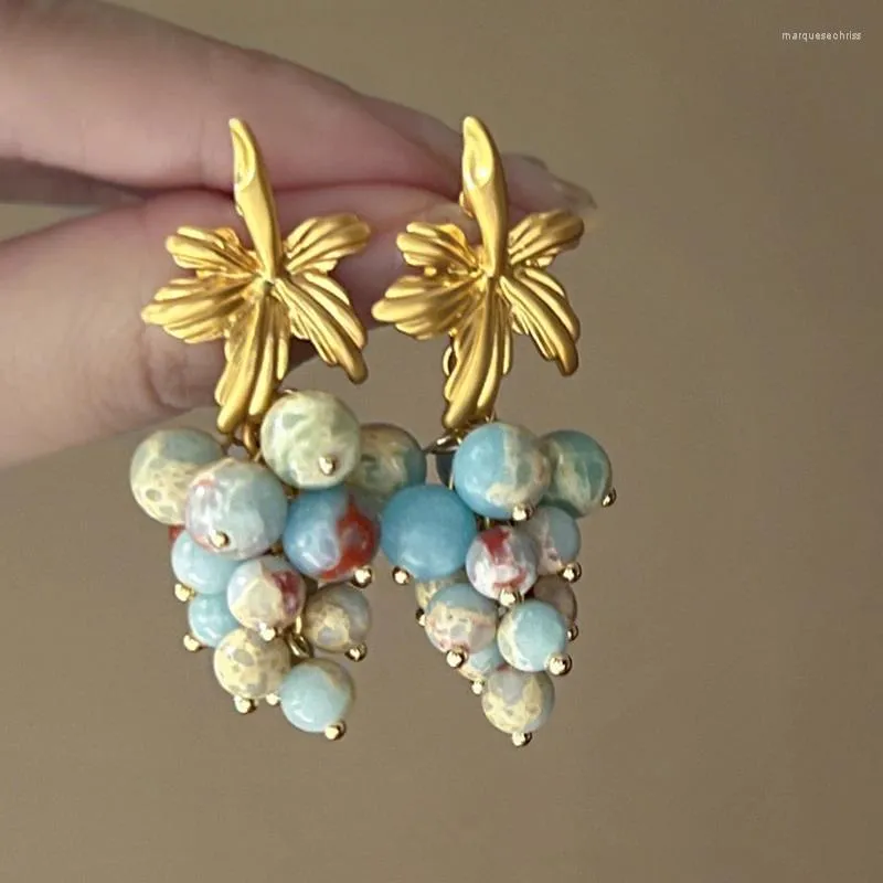 Boucles d'oreilles en peluche vintage en métal naturel en pierre de graphique perles de cordes de gratte