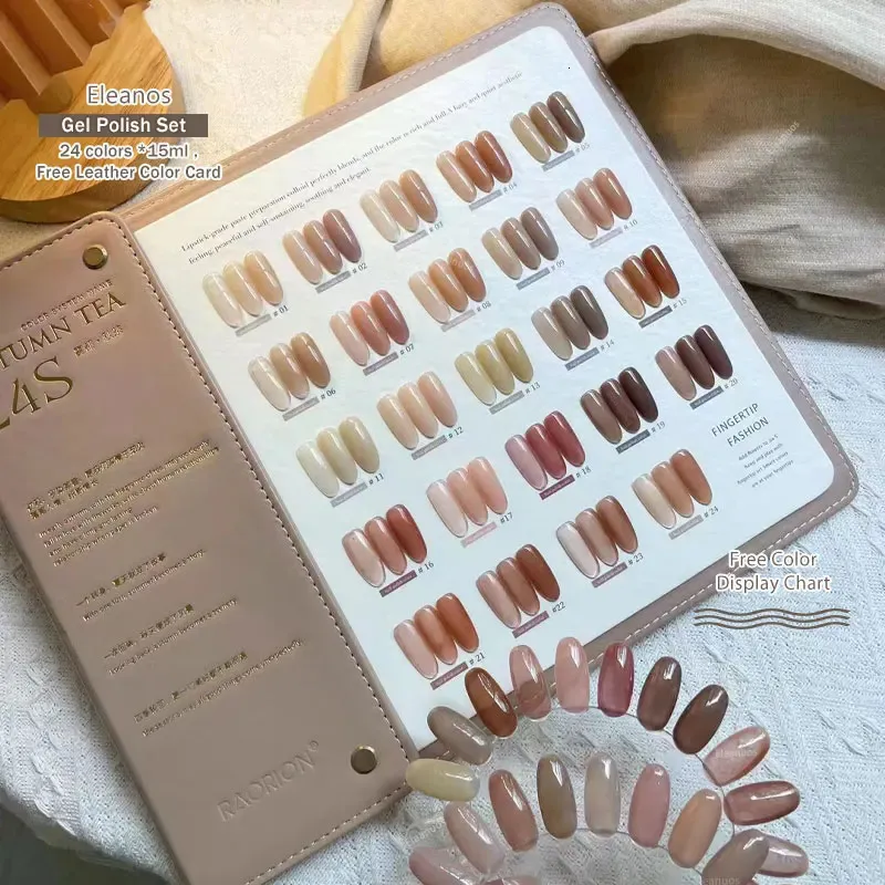 Eleanos Brown Gel Gel 24pcs prego com Cartão de colorido de couro UV LED de xarope de outono polimento transculento verniz transparente 15ml 240430