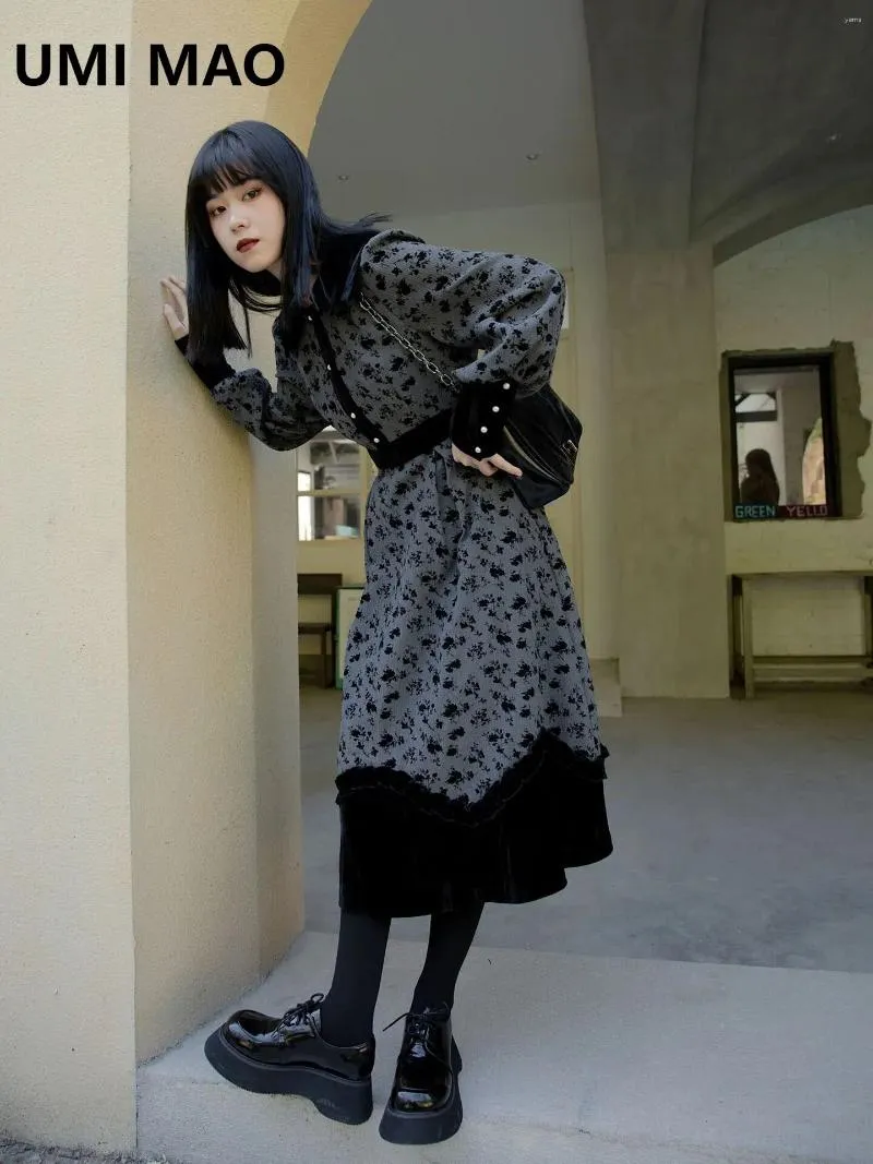 Casual jurken umi mao donkere jurk elegant 2024 herfst wintertextuur kleine stof marine kraag lange mouwen femme