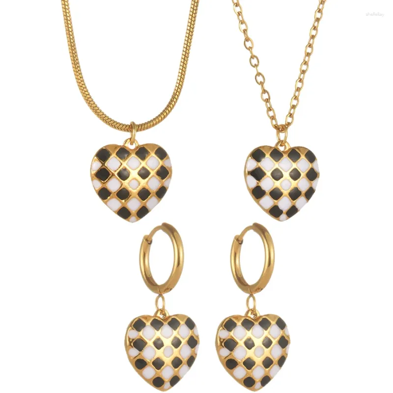 Halskette Ohrringe Set Sailup Vintage Checkerboard Anhänger für Frauen Edelstahl Round Schlangenkette Schmuck Geburtstag Geschenk