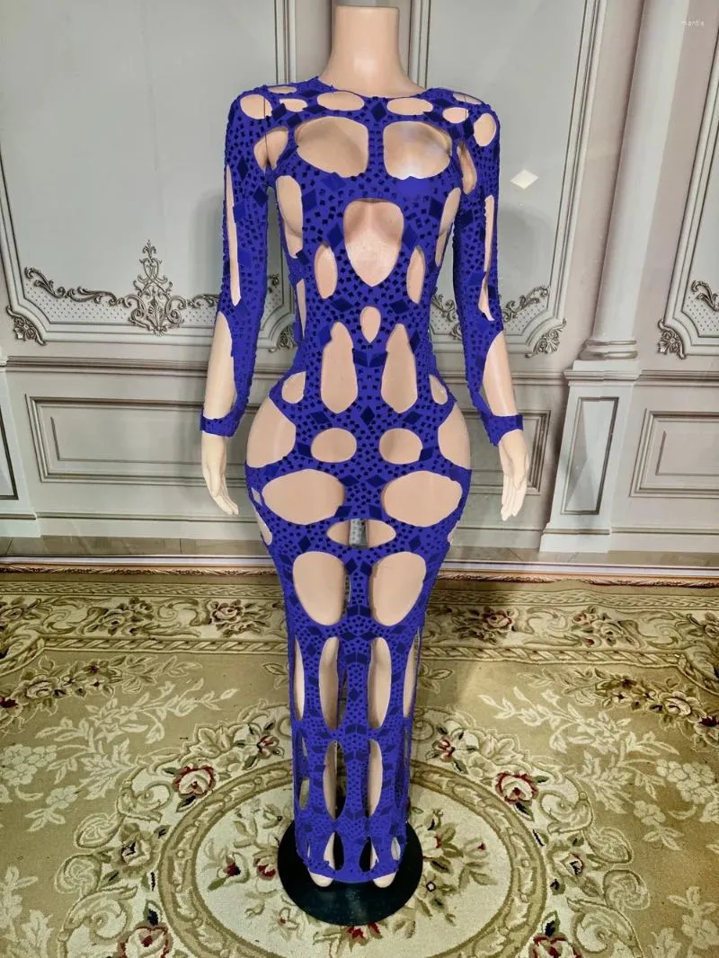 Robes décontractées miroirs clignotants strassons découpés sexy robe longue anniversaire bal de bal de bal de fête célébrer le costume de performance de la tenue