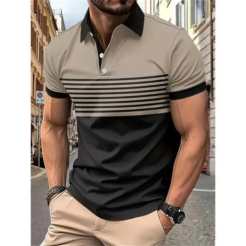 Men's Polos Mens Fashion Polo Shirt Stripe Contrast Printed T-shirt Summer Short sleeved Collar Advanced Breathable Fitness Top Q240509