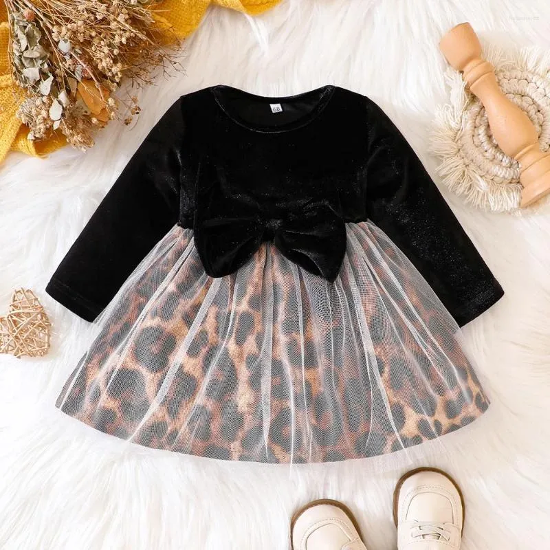 Girl Dresses Girls Black Leopard Velvet Dress Little Kids Velour Big Bow Fashionable Fall Winter Party