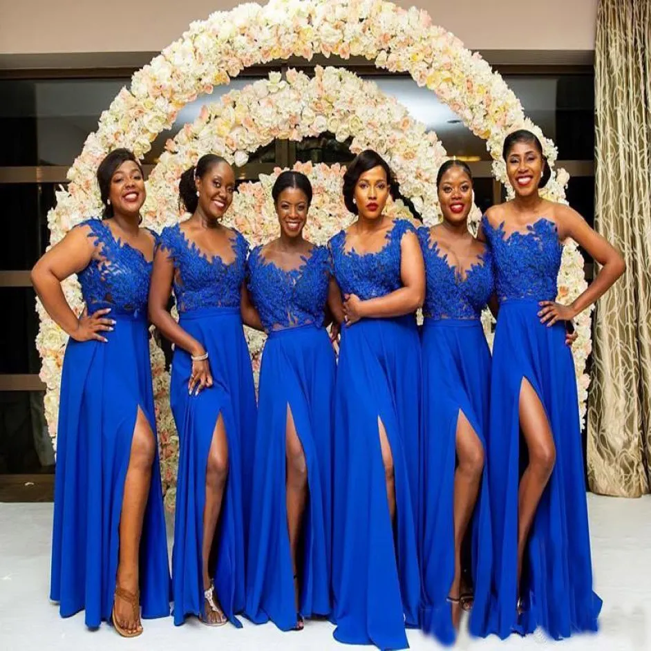 2019 Plus Size Afrikanische Brautjungfernkleider Royal Blue BLACK APPLIKED CHIFFON BODLANGE LANGE LANGE EINFAHREN Kleider Custom Made Wedding Gäste 302H