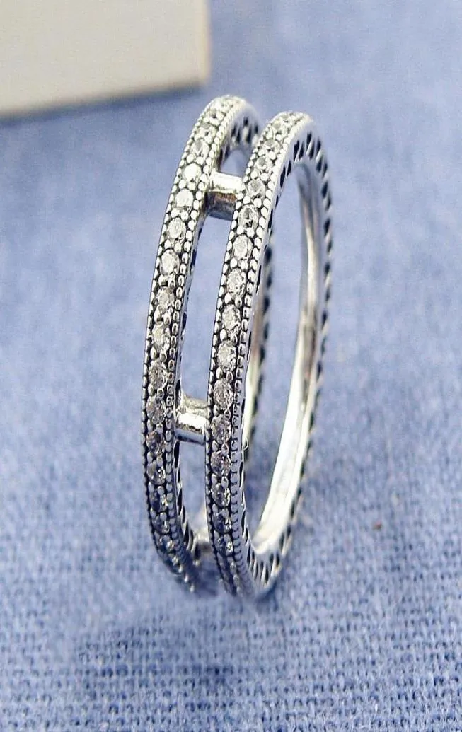 Ny högkvalitativ 925 Silver Double Loop Crystal Ring Set Original Box för CZ Diamond Women Girls Wedding Present Rings1658447