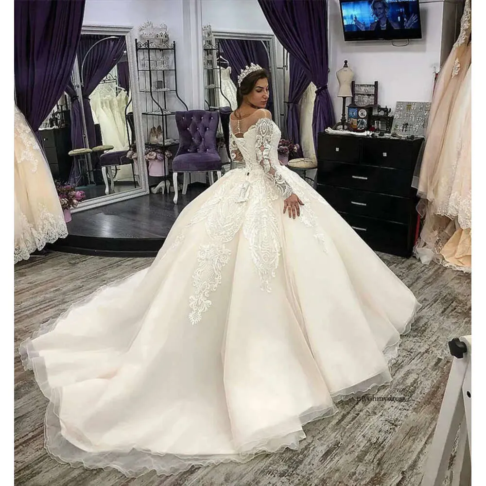 Underbara prinsessklänningar Applices Sheer Neck Long Sleeve Wedding Clowns Lace Up Appliced ​​Bridal Dress Vestido de Novia Q137 0510