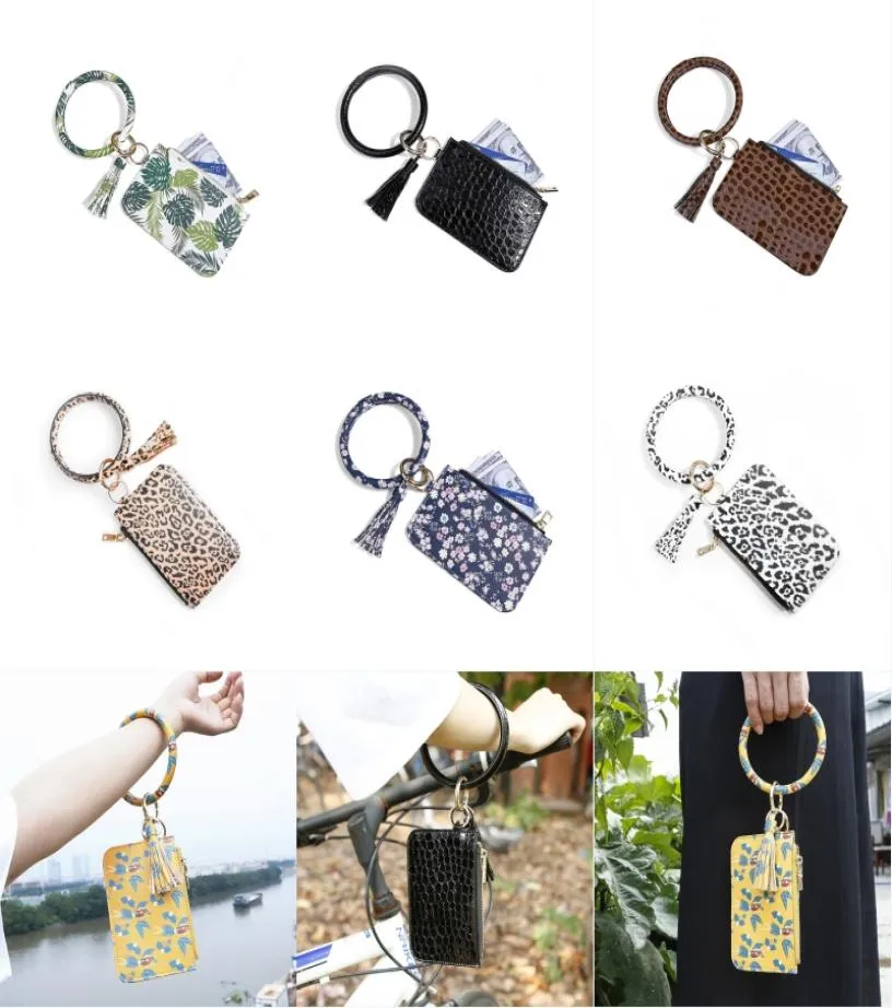 Women Fashion Leopard Leather Bracelet Keychain Credit Card Wallet O Key Rings with Tassel Wristbands Clutch Purse B177F3853087