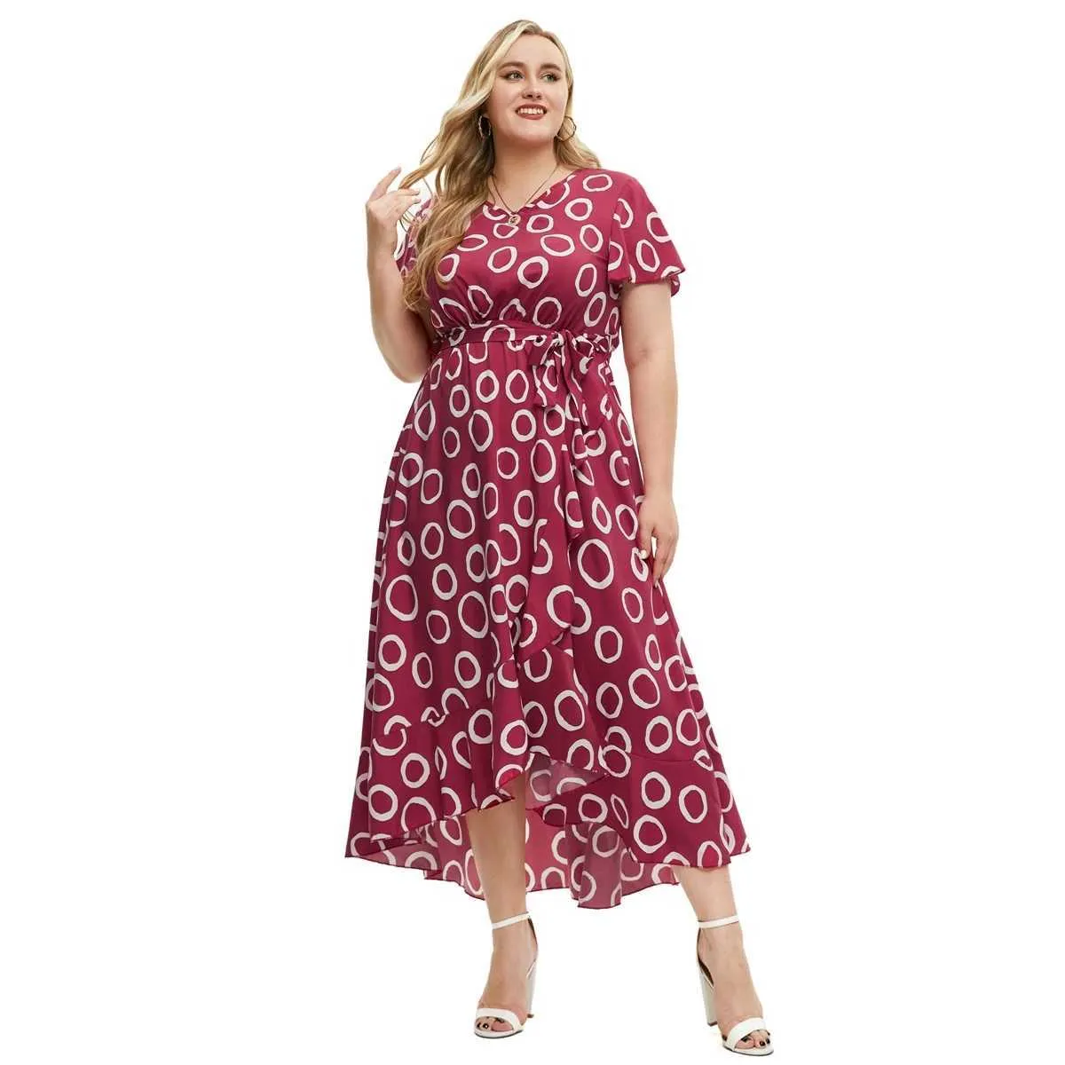 Plus -klänningar Plus -storlek Dot Print Kort SLVE Summer Casual Dresses For Women Y240510