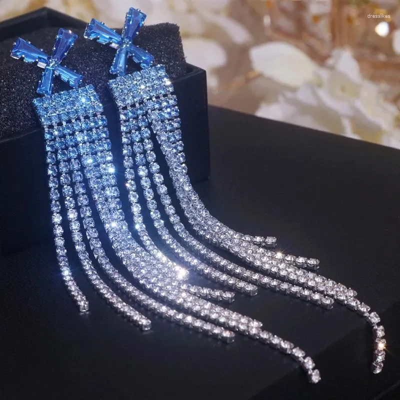 Bengelen oorbellen Koreaanse trendy boog kristal ophangen voor vrouwen 2024 Sparkling vol strass Long Tassel Brincos sieraden