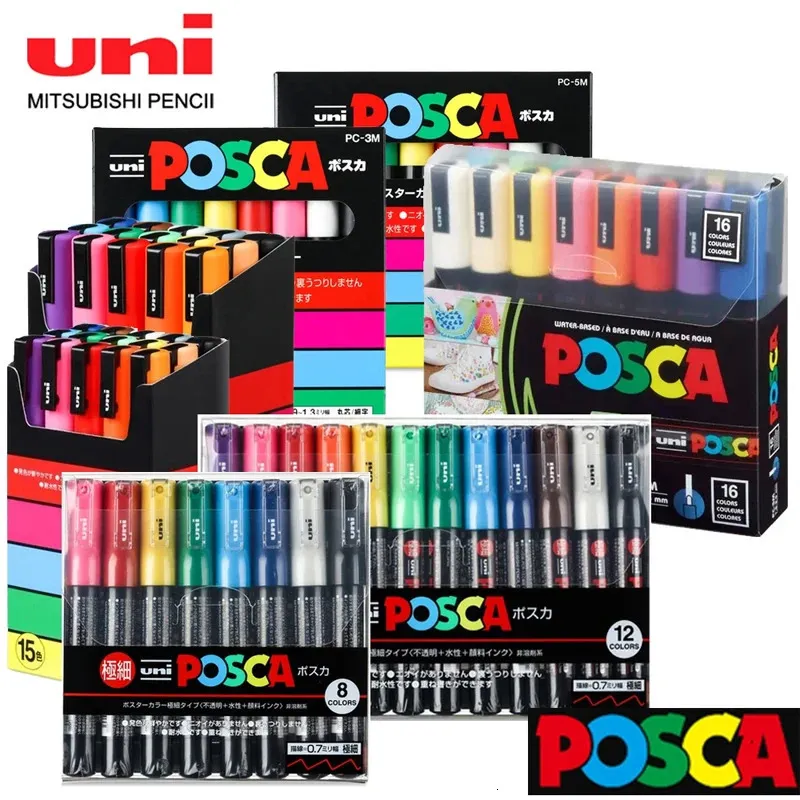 UNI POSCA Acrylic Paint MarkerPC-5M PC-3M PC-1M PC-17K PC-8K 7/8/12/15/24/29 PACK SET ROCK MALNING MARKING ART PENS 240506