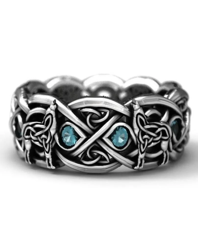 925 sterling Silver Celtic Wolf Ring مع Topaz Fashion Viking Wolf Stains Steelde Band Band Band Jewelry Size 613282991