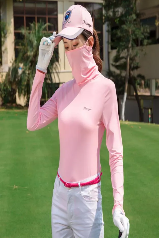 Donne a manica lunga upgrade golf maglietta da golf sole protezione rastrelliera tops ladies seta traspirante tee morbido con maschera sunsn d06796951789