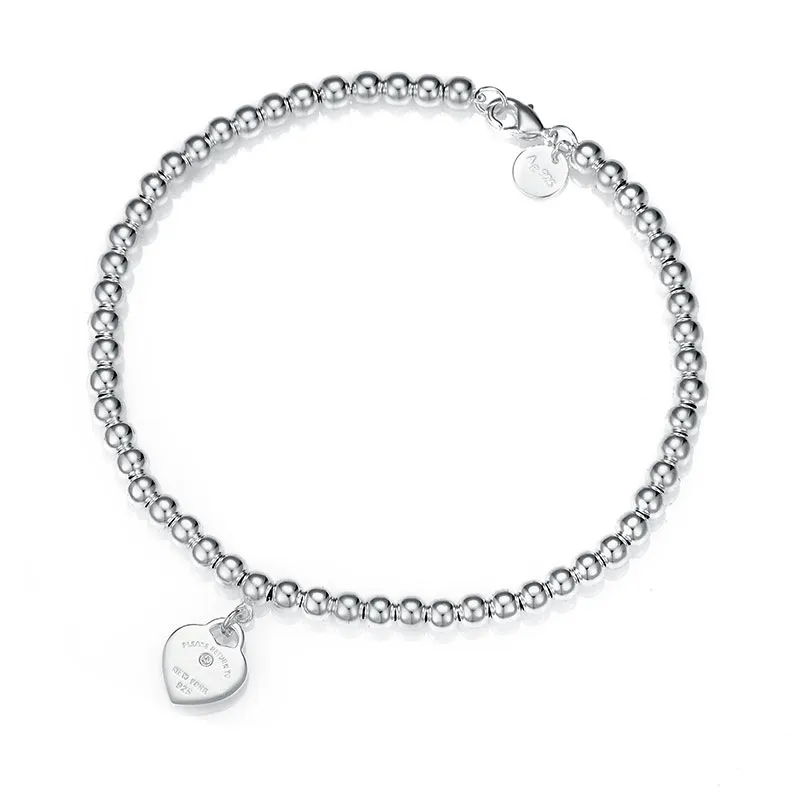 4mm perline di marca di lusso classico bracciale designer per donne ragazze amano il diamante bianco zircone heart s925 braccialetti d'argento regalo