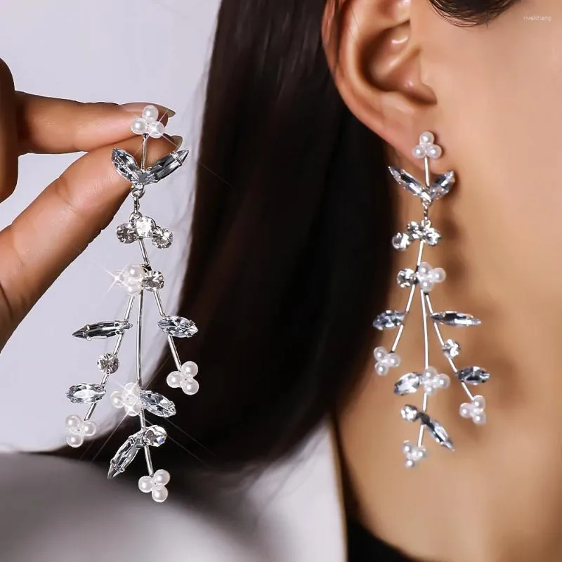 Dangle Earrings Shiny Crystal Zircon Pearl Flower For Women Geometric Hanging Drop Earring Fashion Bridal Wedding Pendant Jewelry