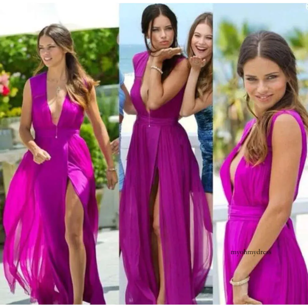 Fuchsia Chiffon High Slit Long Prom Dresses Deep V Neck Maxi Dress Ruffle Split Evening Party Gowns Beach Summer Vestidos De Festa Custom 0510
