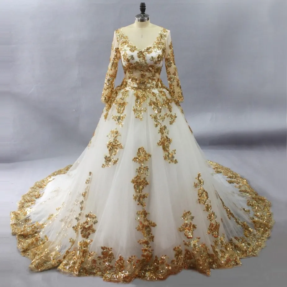 Superbes robes de mariée musulmanes blanches avec robe de mariée en dentelle en dentelle dorée