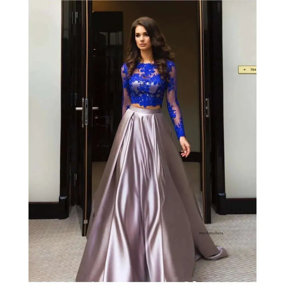 2017 Blue Lace Two Piece Prom Long Sleeve Vestido De... From Myohmydress,  $149.3 | DHgate.Com