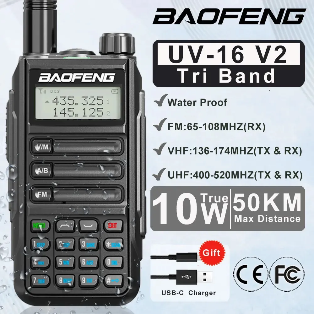 BAOFENG UV16 MAX V2 WALKIE TALKIE 10 KM MILITÄR 10W kraftfull vattentät VHF UHF CB HAM Dual Band Tvåvägs Radio USBC -laddare 240509