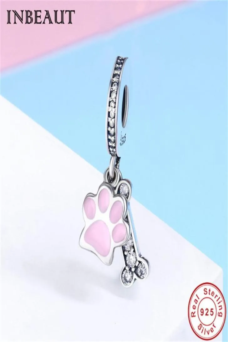 S925 Cute Bear Paw Charm Fit P Bransoletka 925 Srebrny Srebrny Pink Animal Footprint Wiselant Pendant Hurtowe Europejska Biżuteria 8864062