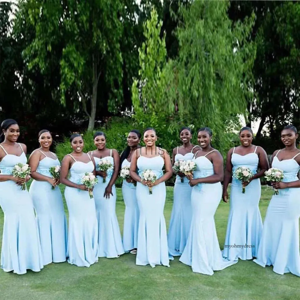 Hafif Gökyüzü Mavisi Denizkızı Nedime Elbiseleri Spagetti Aplikler Bahçe Ülke Afrika Düğün Konuk Partisi Elbise Hizmetçisi B142 0510