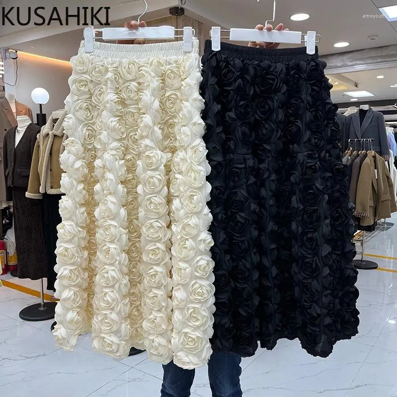Jupes kusahiki élégant fleurs 3d maille femme coréenne haute causalité causale en ligne longue jupe fadas de mujer 2024 bas