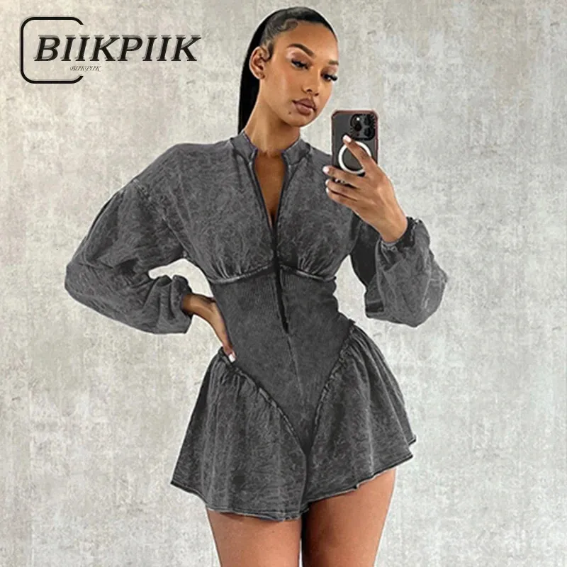 Bikpiik متعثرة مثير للسيدات playsuits الموضة الرمادية Zipper mini culotte clubwear rompers فريدة من نوع